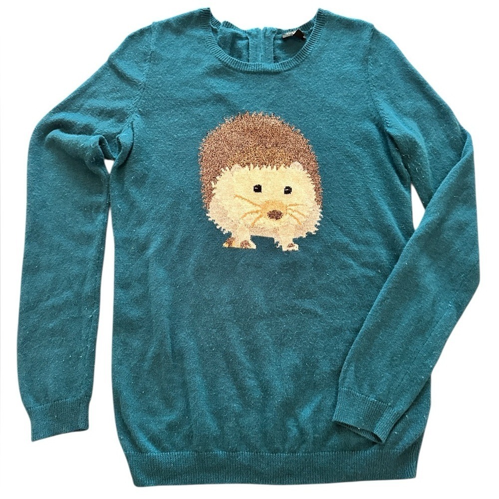 Talbots Hedgehog Intarsia Sweater Women Petite P Teal Blue Excellent Zip Back